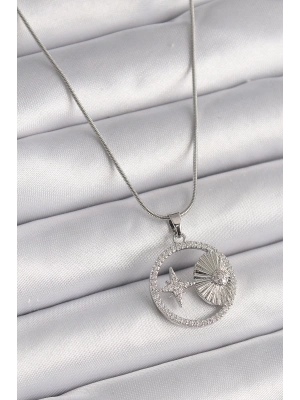 ® 316L Çelik Gümüş Renk Zincir Zirkon Taşlı Yıldız Madalyon Model Kadın Kolye