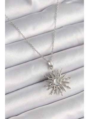 ® 316L Çelik Gümüş Renk Zincir Zirkon Taşlı Güneş Model Sedefli Ay İşleme Detay Kadın Kolye