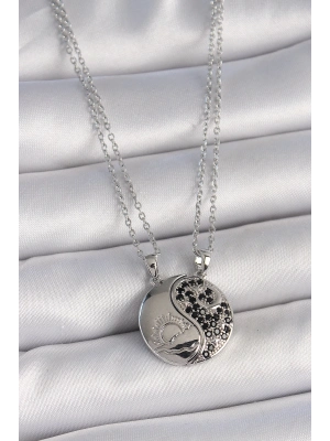 ® 316L Çelik Gümüş Renk Zincir Zirkon Taşlı Ying Yang Model Gün Batımı İşlemeli Arakdaşlık Kadın Kolye