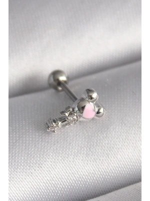 ® 316L Çelik Gümüş Renk Zirkon Taş Detay Pembe Kalp İşleme Tragus Piercing