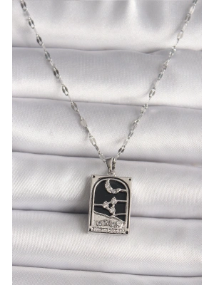 ® 316L Çelik Gümüş Renk Zirkon Taşlı  Ay Figürlü Taror Model Kadın Kolye