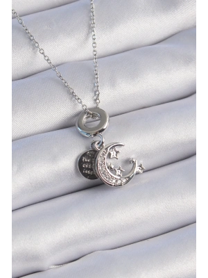 ® 316L Çelik Gümüş Renk Zirkon Taşlı Ay Yıldız  Figür Charm Model Kadın Kolye