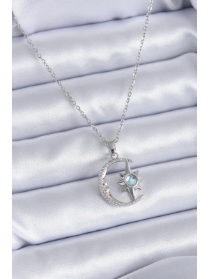 ® 316L Çelik Gümüş Renk Zirkon Taşlı Ay Yıldız Model Kadın Kolye
