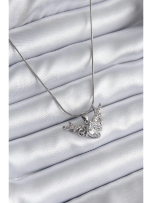 ® 316L Çelik Gümüş Renk Zirkon Taşlı Boynuz Model Kadın Kolye