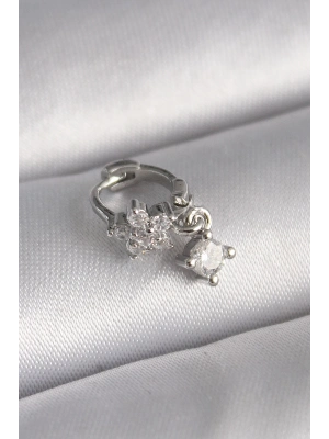 ® 316L Çelik Gümüş Renk Zirkon Taşlı Çiçek Model Sallantı Detay Tragus Piercing