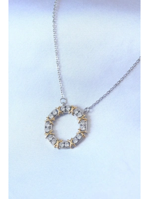 ® 316L Çelik Gümüş Renk Zirkon Taşlı Gold Detay Xoxo Kadın Kolye