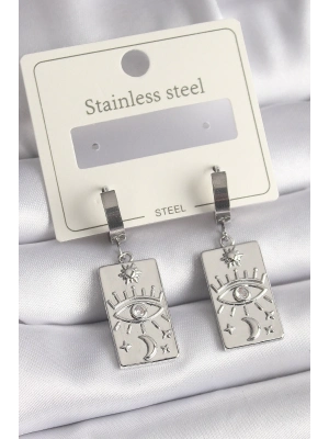 ® 316L Çelik Gümüş Renk Zirkon Taşlı Göz İşleme Detaylı Plaka Model Kadın Küpe