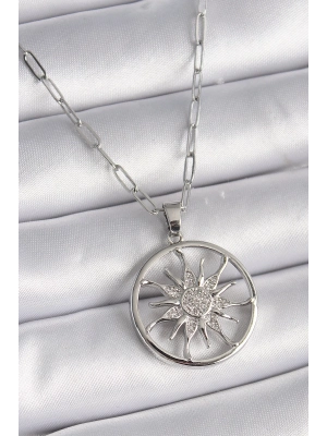 ® 316L Çelik Gümüş Renk Zirkon Taşlı Güneş Madalyon Model Kadın Kolye