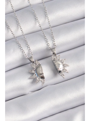 ® 316L Çelik Gümüş Renk Zirkon Taşlı Güneş Model İşleme Yazı Detay Arkadaşlık Kolyesi