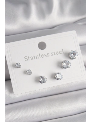 ® 316L Çelik Gümüş Renk Zirkon Taşlı Kalp Model Kadın Küpe Seti