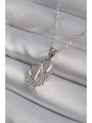 ® 316L Çelik Gümüş Renk Zirkon Taşlı Kanat Model Kadın Kolye