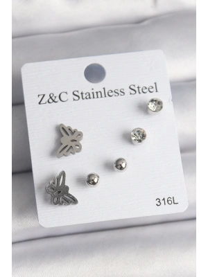 ® 316L Çelik Gümüş Renk Zirkon Taşlı Kelebek Model Kadın Küpe Seti