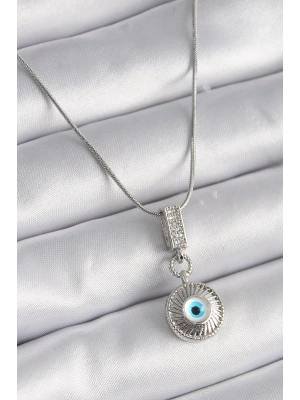 ® 316L Çelik Gümüş Renk Zirkon Taşlı Nazar Boncuk Model Kadın Kolye