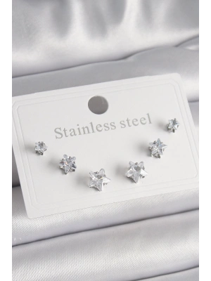 ® 316L Çelik Gümüş Renk Zirkon Taşlı Yıldız Model Kadın Küpe Seti