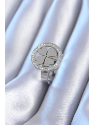 ® 316L Çelik Gümüş Renk Zirkon Taşlı Yonca Model Kadın Yüzük