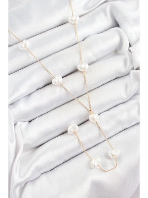 ® Pirinç İncili Kalp Figürlü Y Model Gold Renk Kadın Kolye