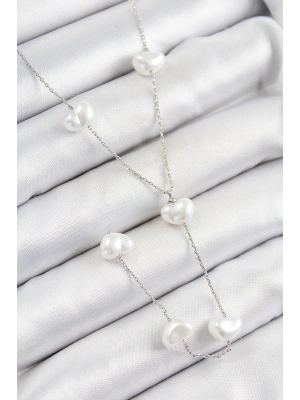 ® Pirinç İncili Kalp Figürlü Y Model Gümüş Renk Kadın Kolye