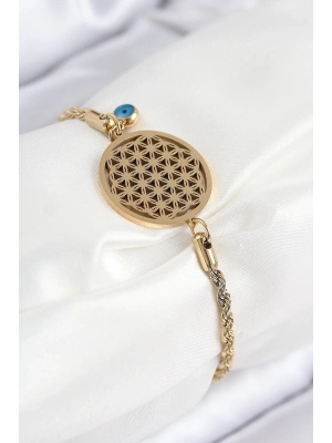 ® 316L Çelik Nazar Boncuğu Detaylı Yaşam Çiçeği Model Gold Renk Kadın Bileklik