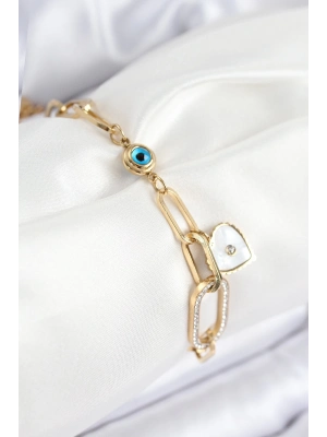 ® 316L Çelik Nazar Boncuğu Ve Zirkon Taşlı Kalp Model Gold Renk Kadın Bileklik