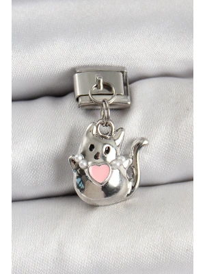 ® 316L Çelik Sallantılı Kalp Detaylı Kedi Model Gümüş Renk Nomination Charm