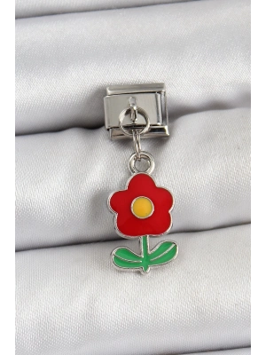 ® 316L Çelik Sallantılı Kırmızı Papatya Model Gümüş Renk Nomination Charm