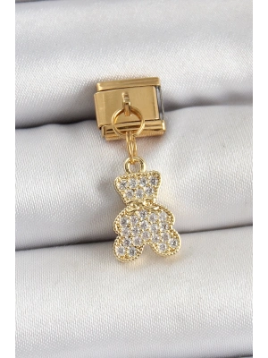 ® 316L Çelik Sallantılı Zirkon Taşlı Ayıcık Model Gold Renk Nomination Charm
