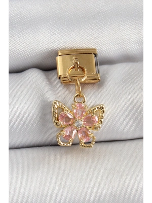 ® 316L Çelik Sallantılı Zirkon Taşlı Çiçek Figürlü Kelebek Model Gold Renk Nomination Charm