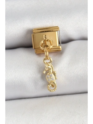 ® 316L Çelik Sallantılı Zirkon Taşlı Çiçek Model Gold Renk Nomination Charm