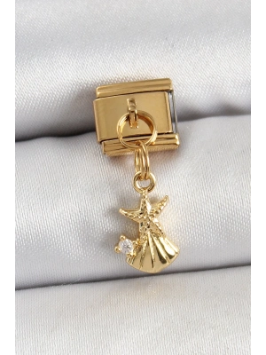 ® 316L Çelik Sallantılı Zirkon Taşlı Deniz Yıldızı Ve İstiridye Model Gold Renk Nomination Charm