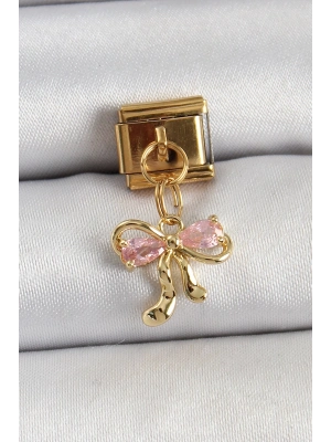 ® 316L Çelik Sallantılı Zirkon Taşlı Fiyonk Model Gold Renk Nomination Charm