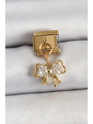 ® 316L Çelik Sallantılı Zirkon Taşlı Fiyonk Model Gold Renk Nomination Charm