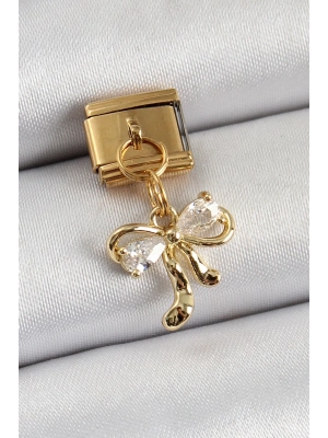 ® 316L Çelik Sallantılı Zirkon Taşlı Fiyonk Model Gold Renk Nomination Charm