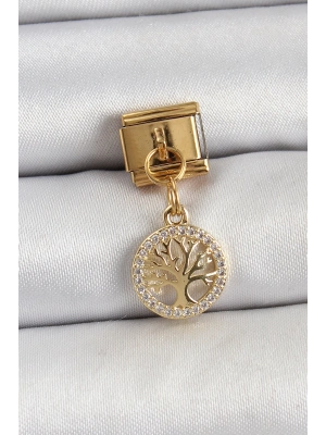® 316L Çelik Sallantılı Zirkon Taşlı Hayat Ağacı Model Gold Renk Nomination Charm