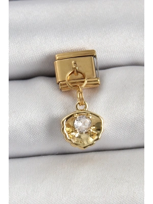 ® 316L Çelik Sallantılı Zirkon Taşlı İstiridye Model Gold Renk Nomination Charm