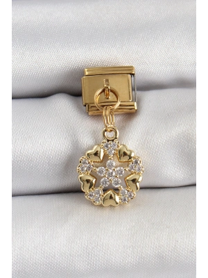 ® 316L Çelik Sallantılı Zirkon Taşlı Kalp Detaylı Yıldz Model Gold Renk Nomination Charm