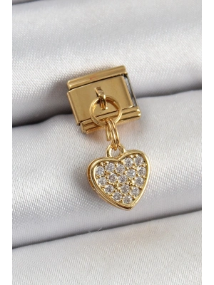 ® 316L Çelik Sallantılı Zirkon Taşlı Kalp Model Gold Renk Nomination Charm