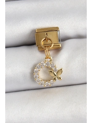 ® 316L Çelik Sallantılı Zirkon Taşlı Kelebek Detaylı Halka Model Gold Renk Nomination Charm