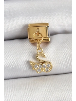 ® 316L Çelik Sallantılı Zirkon Taşlı KuğuModel Gold Renk Nomination Charm