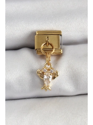 ® 316L Çelik Sallantılı Zirkon Taşlı Yengeç Model Gold Renk Nomination Charm