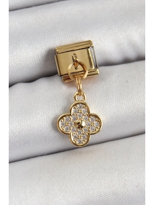 ® 316L Çelik Sallantılı Zirkon Taşlı Yonca Model Gold Renk Nomination Charm