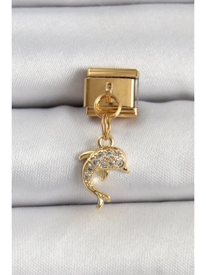 ® 316L Çelik Sallantılı Zirkon Taşlı Yunus Balığı Model Gold Renk Nomination Charm