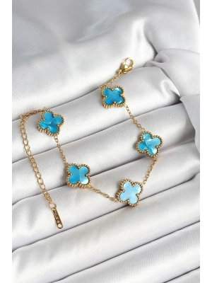 ® 316L Çelik Sedefli Gökyüzü Mavisi Gold Renk Yonca Kadın Bileklik