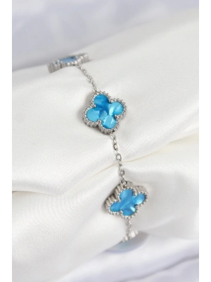 ® 316L Çelik Sedefli Gökyüzü Mavisi Gümüş Renk Yonca Kadın Bileklik