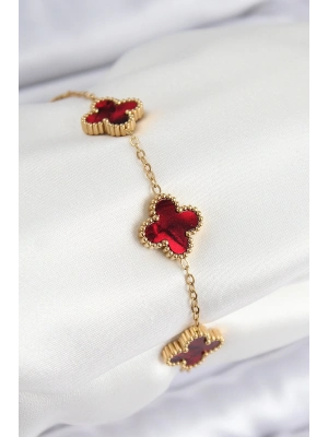 ® 316L Çelik Sedefli Kırmızı Gold Renk Yonca Kadın Bileklik