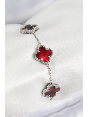 ® 316L Çelik Sedefli Kırmızı Gümüş Renk Yonca Kadın Bileklik