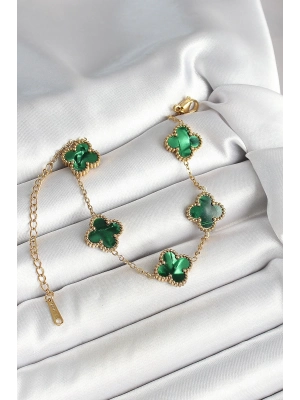 ® 316L Çelik Sedefli Zümrüt Yeşil Gold Renk Yonca Kadın Bileklik