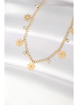 ® 316L Çelik Taşlı Gold Renk Çoklu Çiçek Kolye