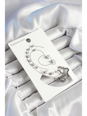 ® 316L Çelik Yıldız Figürlü Ve Zirkon Taşlı Gümüş Renk 7li Çift Kadın Küpe Set