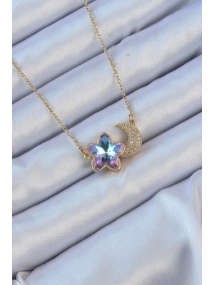 ® 316L Çelik Zincir Altın Renk Ay Tasarımlı Renkli Zirkon Taşlı Çiçek Kolye
