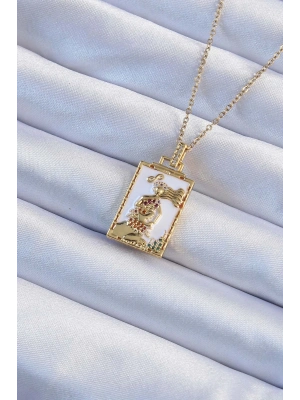 ® 316L Çelik Zincir Altın Renk Beyaz Mineli Tarot Kolye